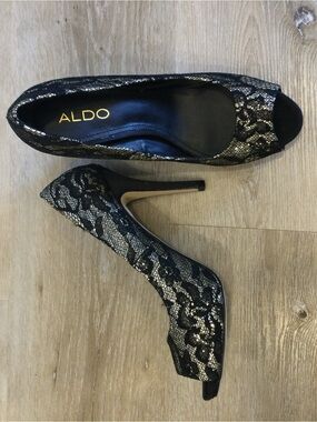 ALDO Black and Gold Lace Peep-Toe High Heels